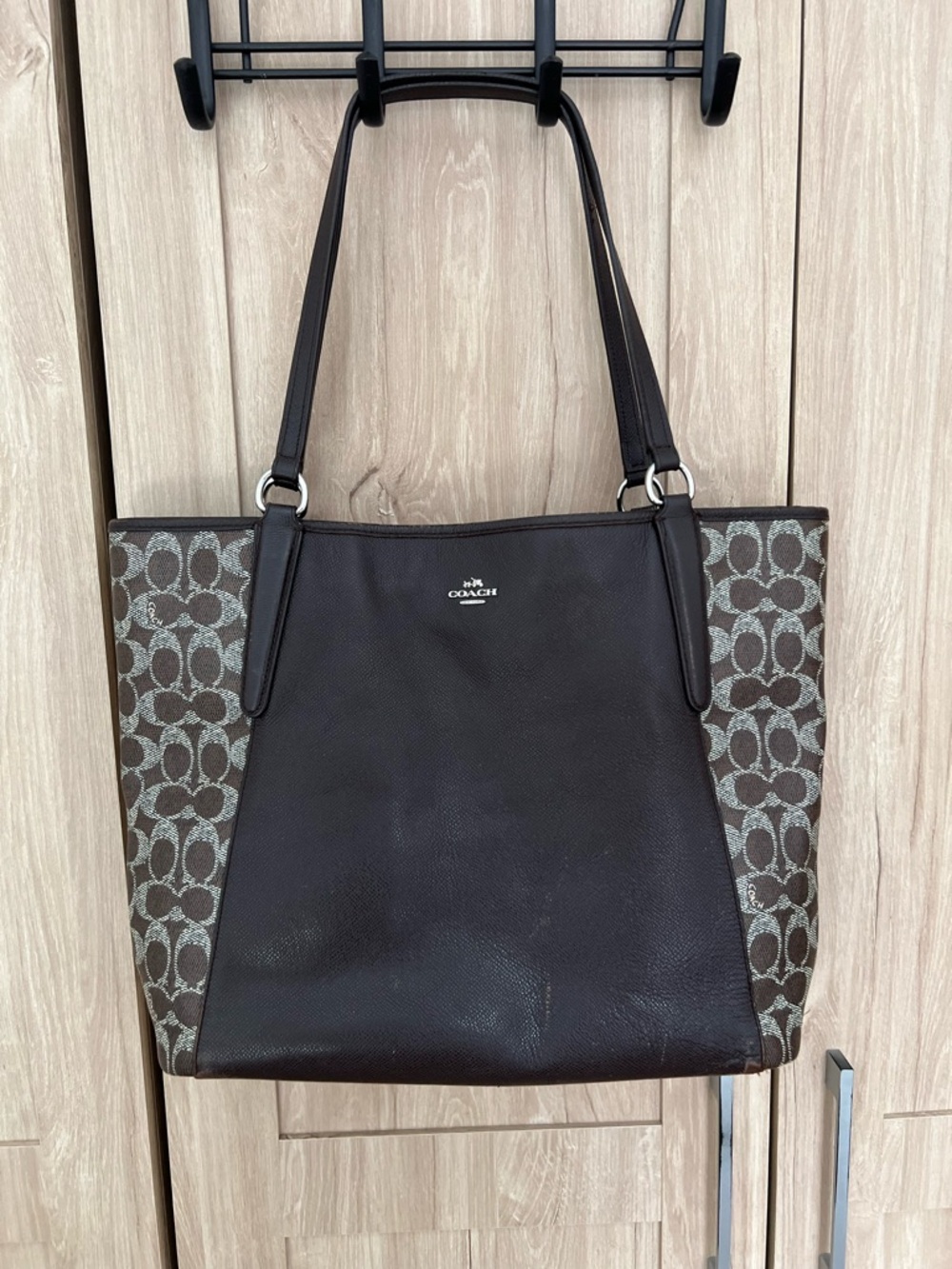 Coach Bailey Large Tote Bag Brown Saffiano Leather & Signature Monogram Canvas